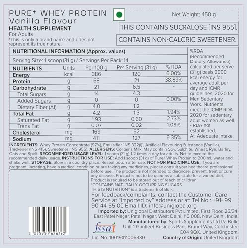 Image of Bulk Pure Whey Protein Powder, 450 g (0.99 lb), Vanilla | 21g Protein per Scoop | Muscle Growth & Recovery | Whey Concentrate | Vegetarian