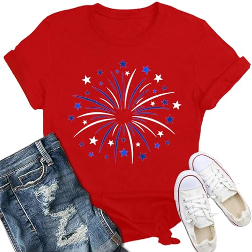 IFQ Womens American Flag Shirt USA Firework Patriotic Print T-Shirt 4th of July Crewneck Tee