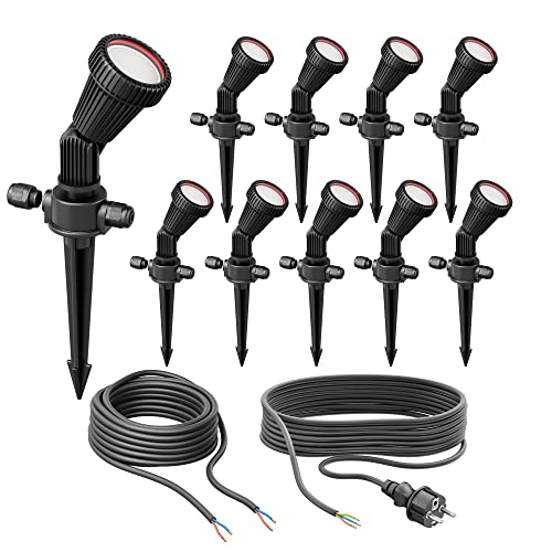 ledscom.de 10er Set Gartenstrahler mit Erdspieß PIRK für außen, IP44, schwarz, Stecker, inkl. GU10 LEDs je 630lm warmweiß