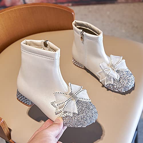 Leather Shoes for Girls Glitter Ankle Boots Kids Low Heel Dress Booties Fashion Side Zipper Short Girls Easter Sandals (Silver, 6-7 Years)2