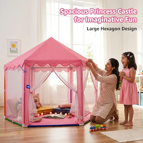 Image of Amazon Brand - Jam & Honey Princess Castle Hexagon Play Tent for Kids | Foldable Indoor Outdoor Playhouse with Mosquito Net Design | Portable Tent with Carry Bag | Extra Large (135.5 x 129 cm) | Pink