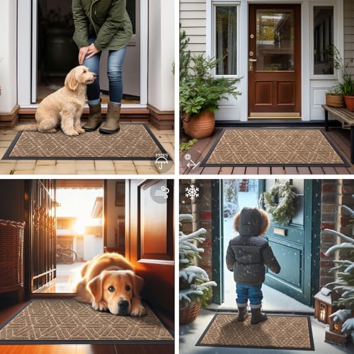 Image of Smiry Front Door Mat Outside Entrance, Heavy Duty Sturdy Natural Rubber Doormat, Trap Dirt and Moisture, Easy Clean Low Profile Mats for Indoor Outdoor Entry, Grid Geometric (47x32, Coffee)