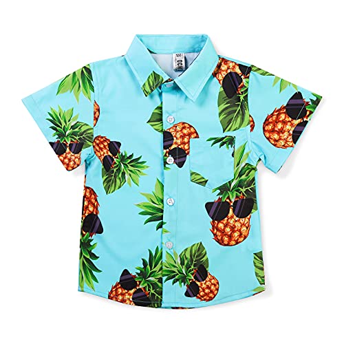 OCHENTA Boy's Button Down Hawaiian Shirt Short Sleeve Pineapple Print Tropical Beach Summer Clothes, Cyan Pineapple Sunglass, 10-11 Years