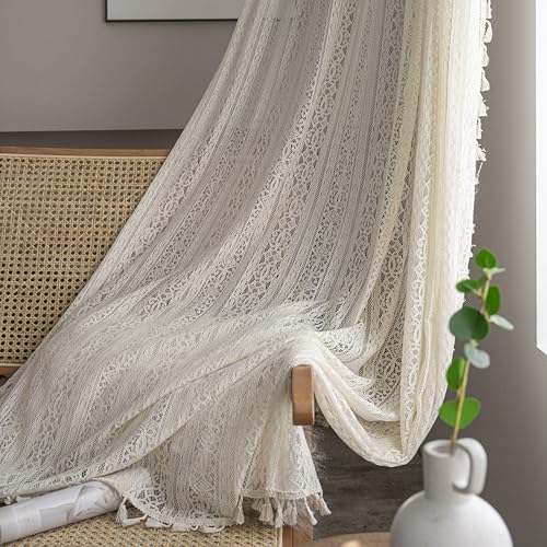 WAZZIO Beige Boho Lace Sheer Curtains 45 Inch Length 2
