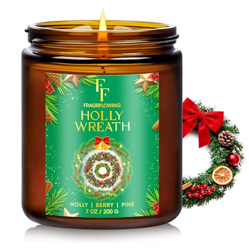 Image of Christmas Candle, Holly Wreath Scented Candles for Home, Holiday Candles Natural Soy Candle, Aromatherapy Candle 7 oz Jar Candles Christmas Gifts for Women Men