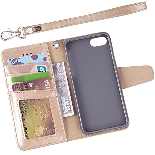 Arae Case for iPhone 7 / iPhone 8 / iPhone SE3 2022 / iPhone SE 2020, Premium PU Leather Wallet Case with Kickstand and Flip Cover - Champagne Gold