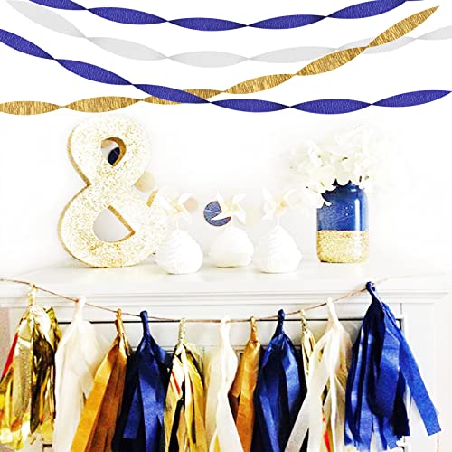 Navy-Blue White-Gold Crepe Paper Streamers - 9 Rolls Royal Blue Graduation 2022 Men Boy Birthday Party Decorations Streamer Wedding Bridal Shower Paper Garland Fathers Day Decor Panduola #TOP4