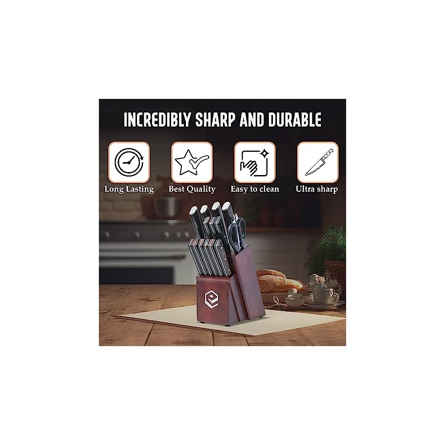 ECOMERR Kitchen Knife Set – 16 Piece German High Carbon Stainless Steel knife sets for kitchen with Block Wooden, Scissor and Knife Sharpener - Chef Knife Set & Rust proof