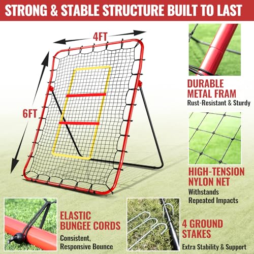 Baseball Rebounders + Pitchback Net,Adjustable 5 Angle Pitch Return Trainer for Fielding,Pitching & Catch Practice,Rebound Net with 3 Targets Simulate Grounders, Line Drives,Fly Balls for All Players
