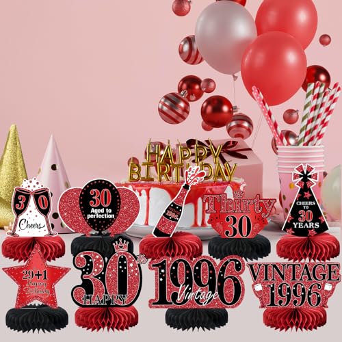 Image of 9Pcs 30th Birthday Decorations Red and Black 30th Birthday Party Decorations for Women,Happy 30 Years Vintage 1996 Aged Honeycomb Centerpieces Table Sign Decor Supplies