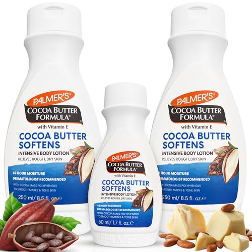 Palmers Cocoa Butter Moisturiser with Vitamin E - Body Lotion for Dry Skin - Suitable for Eczema - Dermatologist Recommended - Smoothes Marks, 48 Hour Moisture [2x250ml & 1x50ml Travel Size Bottle]