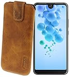 Suncase ECHT Ledertasche Leder Etui für Wiko View 2 | Wiko View 2 PRO Tasche (mit Rückzugsfunktion) Cognac