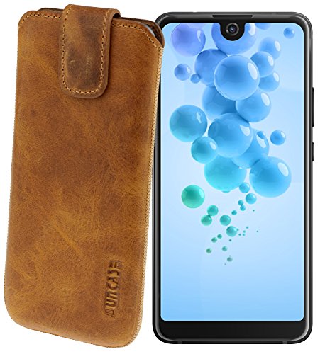 Suncase ECHT Ledertasche Leder Etui für Wiko View 2 | Wiko View 2 PRO Tasche (mit Rückzugsfunktion) Cognac