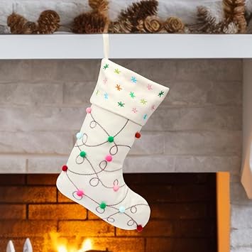 Hopearl Pom Pom Christmas Stocking Boho Style Socks Ultra Soft Stockings Ornament Luxury Gift Bags for Family Xmas Tree Party Supplies, Cream, 18
