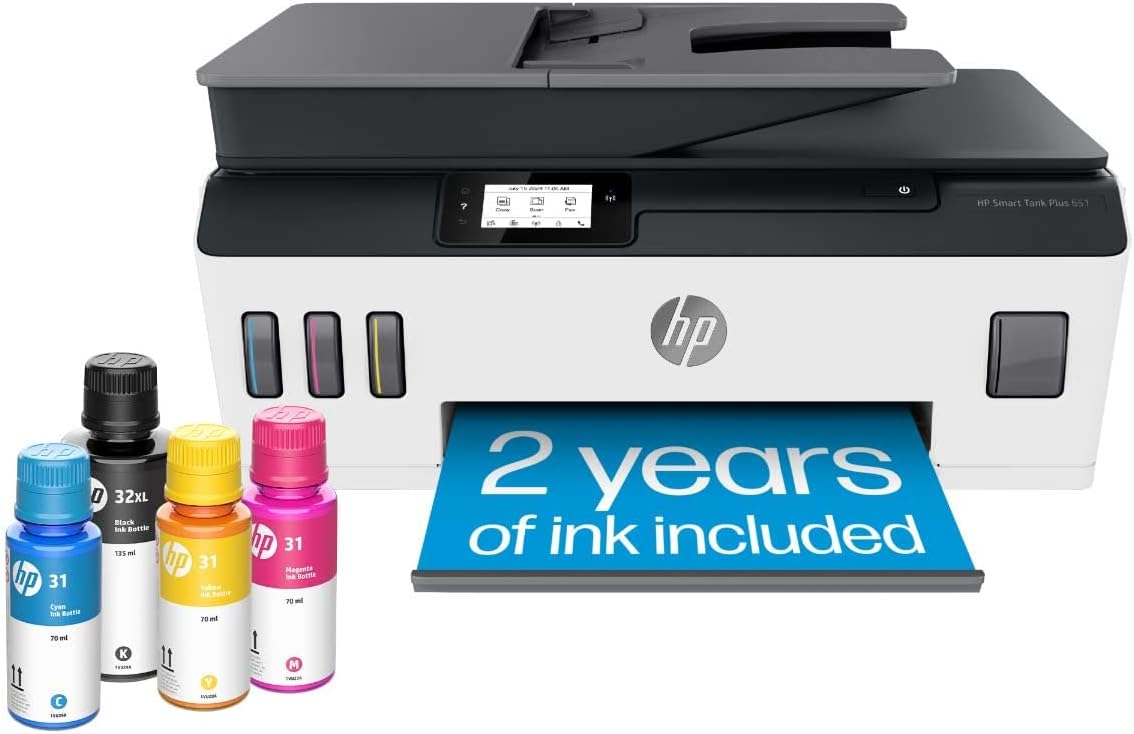 HP Smart Tank Plus 651 Wireless All-in-One Printer, Ink Tank Printer-for-Home Use, 2 Years of Ink Included Auto Document Feeder, Mobile Print, Scan, Copy, Fax. (7XV38A)