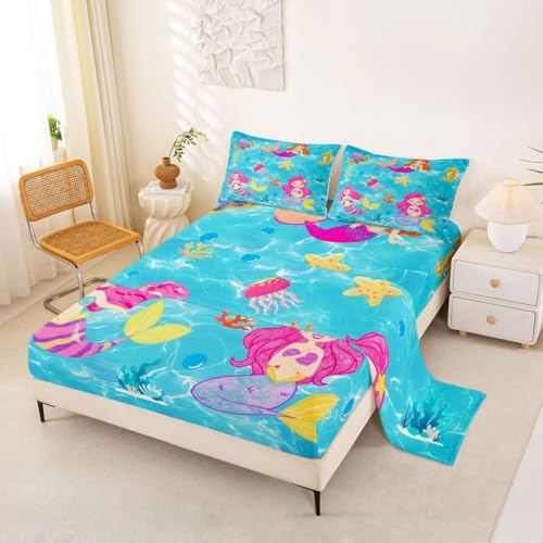 Image of jejeloiu Mermaid Bed Sheets Sets Full Size Kids Boys Girls Tropical Ocean Bedding Set Blue Pink Bed Sheet Set with 16-Inch Deep Pockets Mermaid Tail 4Pcs with 2 Pillow Cases