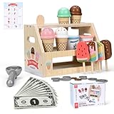 Eisladen Kinder Holz,44-teilig,Kinderküche Zubehör ab 3 Jahre, Holzspielzeug Spielküche Zubehör, Eisladen Kinder Holz Einkaufsladen, für das Eisdielen-Rollenspiel , Spielgeld inklusive