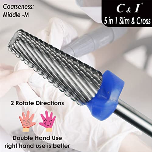 C & I 5 in 1 Nail Drill Bit, Cross & Slim Edition, Professional Nail Drills for Electric Manicure Drill Machine (Middle -M)