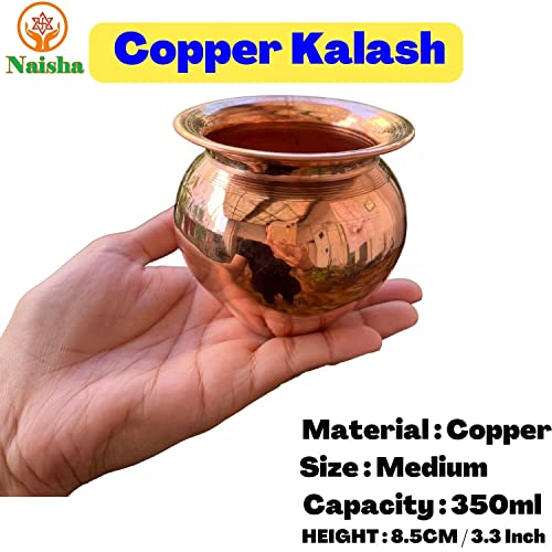 Naisha Indian 100% Copper Kalash, Lota For Puja Wedding Purpose Temple Decoration 350 Ml (8.5 Cm, Height) Medium #TOP1