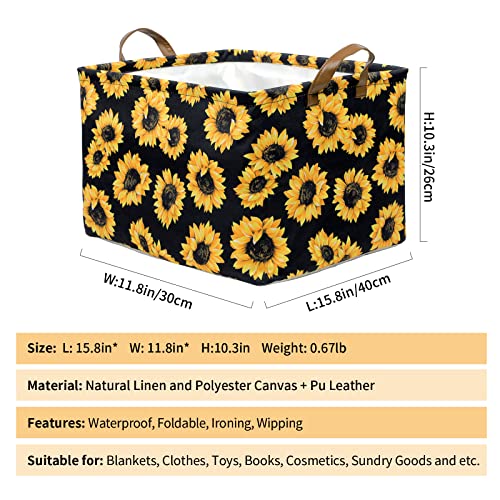 Image of Sunflowers Storage Bin Basket Collapsible with Leather Handles Waterproof Canvas Storage Cube Box for Closet Toys Clothes Nursery Room Gift Basket