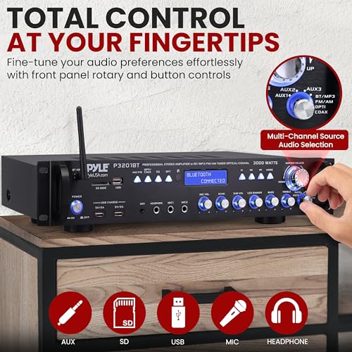 Pyle P3201BT Multi Channel Bluetooth Preamplifier Receiver - 3000 Watt Audio Home Speaker Sound Stereo W/Radio thumb #2