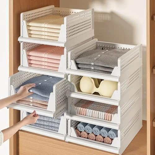 Image of flymore Stackable Plastic Closet Organizer Bins with Front Opening - Foldable Storage Drawers for Clothes, Towels, Toys, Kitchen & Office - Space Saving Shelf Baskets (Set of 2, White)