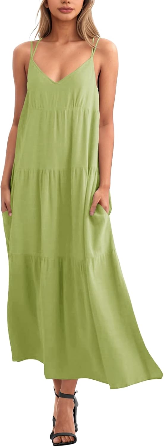 Febriajuce Women’s Summer Maxi Dress Casaul Spaghetti Straps Solid V-Neck Backless Cami Dresses with Two Pockets