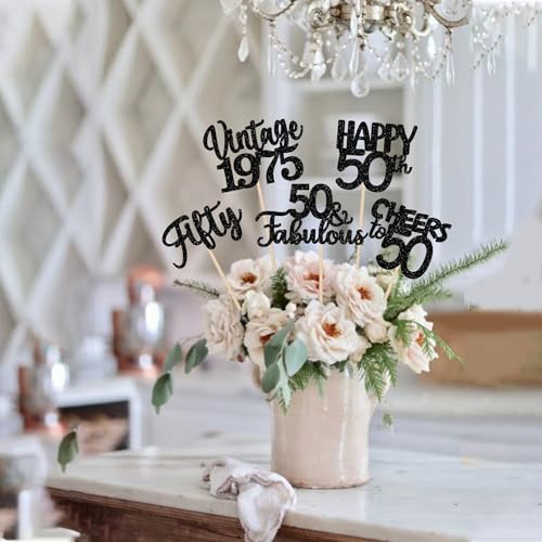 Image of 15 PCS Black 50th Birthday Centerpiece Sticks Fifty Happy 50th Vintage 1976 Table Flower Centerpieces Sticks Cheers to 50 Fabulous Floral Decorations for 50th Birthday Party Centerpieces Supplies