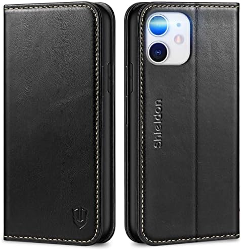 SHIELDON Flip Case for iPhone 11 6.1", Genuine Leather Wallet Case with [Kickstand][Credit Card Holder][RFID Blocking] Magnetic Shockproof Protective Case Compatible with iPhone 11 - Retro Black