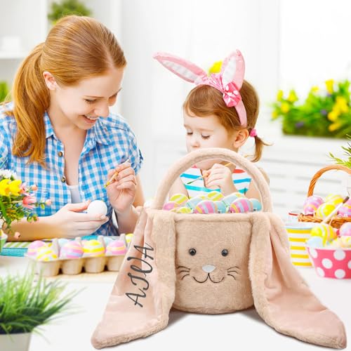 Image of Easter Bunny Basket for Kids, Cute Plush Big Ear Easter Basket with 50PCS Easter Stickers Pack for Boys Girls Easter Gifts for Egg Hunting Basket (Brown)