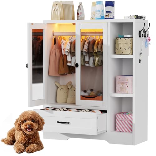 kepptory Large Pet Wardrobe Closet with LED Light 3 Tiers Storage Shelves & Drawer White Pet Clothes Organizer Cabinet with Hanging Rod Multi-Functional Pet Closet for Dogs & Cats Clothing Toys