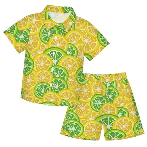 Image of Sunflower Floral Yellow Black Short Sleeve Hawaiian Button Down Shirts and Short Sets for Boys Toddler Summer Outfits