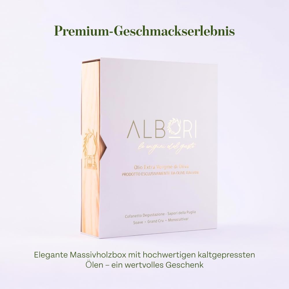 ALBORI Verkostung- Olivenöl Italienisch Extra Nativ Apulisches Kaltgepresst, Geschenkset Geschenkbox Degustation mit 3 Ölflasche Olive Oil 100ml, Premium Geschenkideen Monokultivar und Mischung Oliven