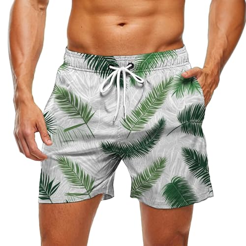 Beach Shorts Men | Casual Hawaiian Plant Graphic Beach Shorts - Breathable Quick Dry Swim Trunks for Vacation Everyday Wear White