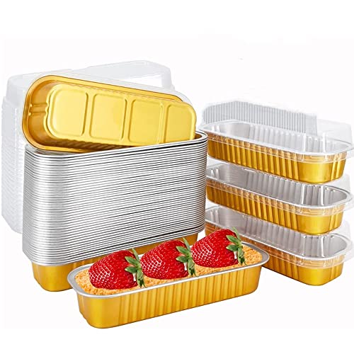 OUKEYI Paquete de 50 latas para hornear con tapas, 7.5 onzas 6.5 x 2.5 x 1.2 pulgadas sartenes para hornear de aluminio con tapas, mini moldes rectangulares para magdalenas, (dorado)