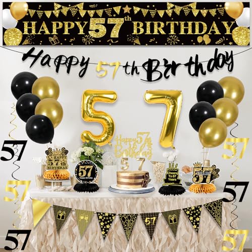 Image of 57th Birthday Decorations for Men, Black Gold 57th Party Decoration Kits | 27pcs Happy 57th Birthday Set, Banner, Honeycomb, Balloons, Gold Number, Candle, Hanging Swirls, Cake Topper, Party Supplies