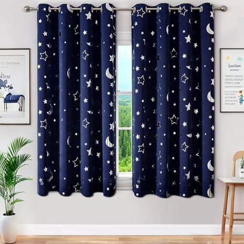 WUBODTI Blackout Star Curtains for Boys Room, Cute Space Themed Thermal Insulated Room Darkening Blackout Short Curtains for Kids Room Nursery Bedroom(W52 x L54, 2 Panels), Navy Blue