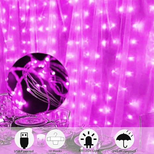 Image of MIRADH 300 LED Fairy Curtain String Lights - USB Powered Remote-Controlled Backdrop, Warm Ambience for Diwali, Navratri, Christmas & New Year Decor, (Pink)