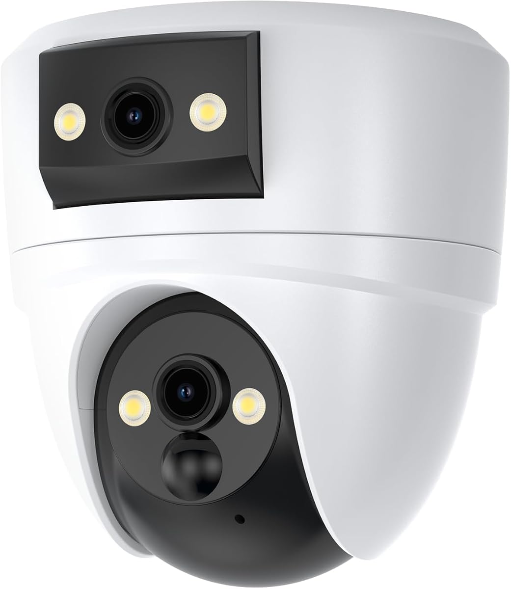Cámara de seguridad interior de doble lente VSTARCAM 2K, almacenamiento gratuito en la nube y SD, montaje en techo sin taladro, 360° PTZ y gran angular, WiFi 6 2.4/5G, visión nocturna en color, alertas de movimiento, batería de 6 meses, conversación bidireccional