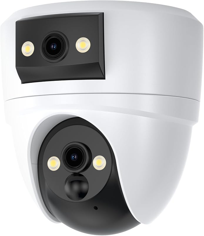 Cámara de seguridad interior de doble lente VSTARCAM 2K, almacenamiento gratuito en la nube y SD, montaje en techo sin taladro, 360° PTZ y gran angular, WiFi 6 2.4/5G, visión nocturna en color, alertas de movimiento, batería de 6 meses, conversación bidireccional