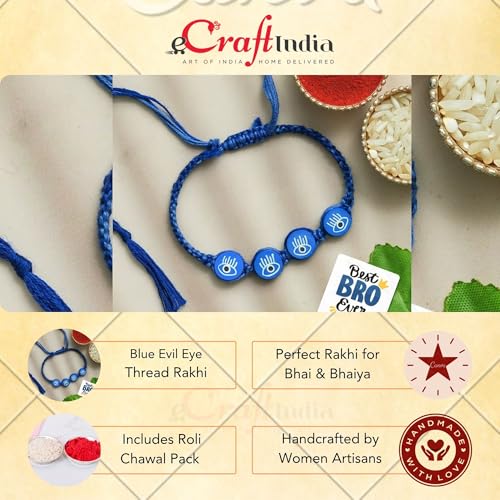 Image of eCraftIndia Blue Evil Eye Rakhi with Best Bro Ever Fridge Magnet | Rakhi for Brother Bhaiya Bhai | Roli Chawal Pack