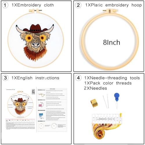 Image of Highland Cow Embroidery Kits for Beginners Adults, Animal Hand Embroidery Starters Kits, Stamped Cross Stitch Kits DIY Needlepoint Kits for Beginners Adults, Embroidery Hoop, Thread and Video Tutorial