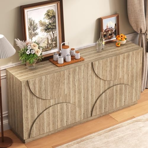 vutizal Sideboard Wohnzimmer mit Holzoptik & Bogenfronten, Aufbewahrungsschrank mit Federzug-Türen & Regalen, Esszimmer Sideboard, 160x40x80 cm