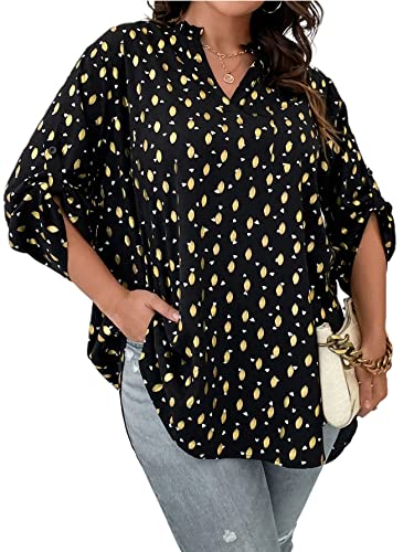 Oyoangle Women's Plus Size Heart Print Roll Tab Sleeve Notched V Neck Tunic Blouse Top Black 4Xl #TOP23