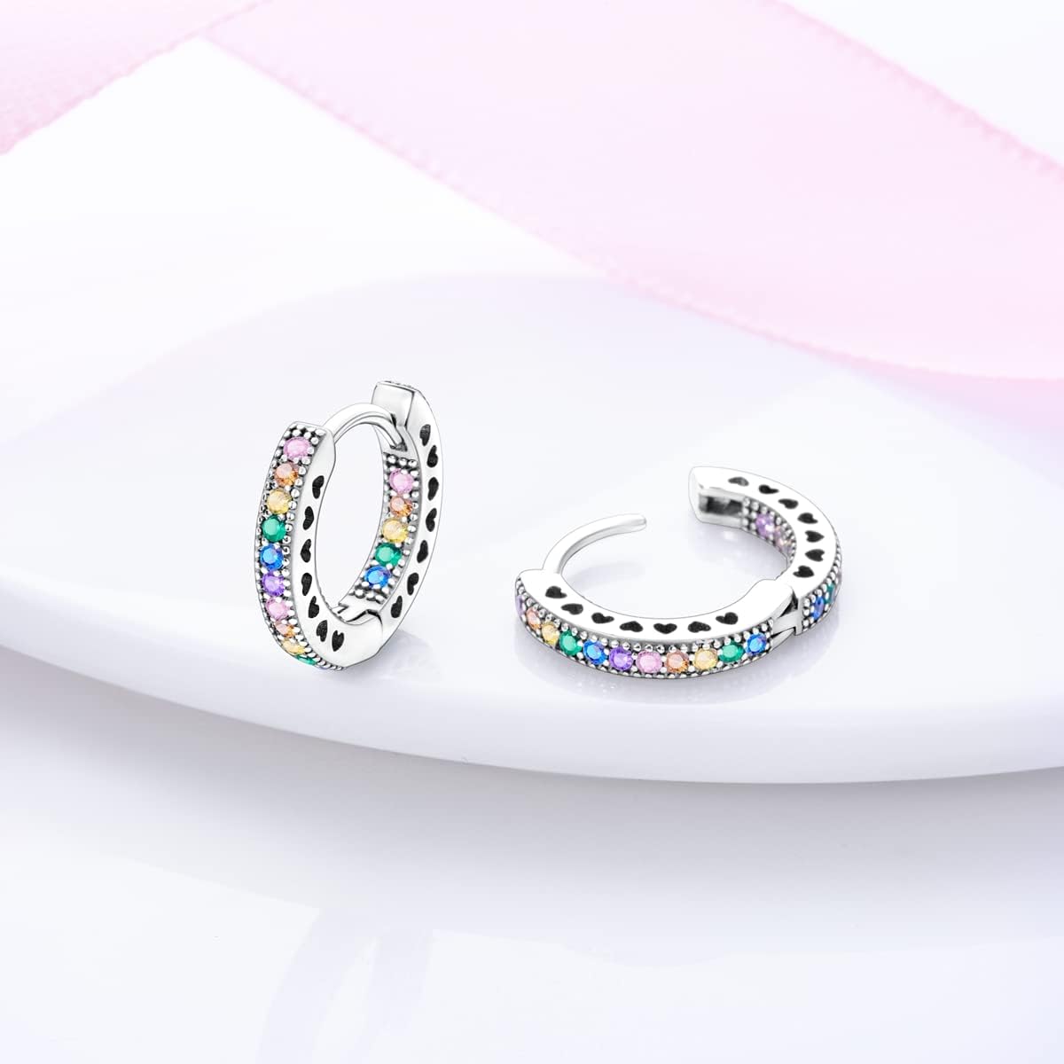 NARMO Earrings for Women 925 Sterling Silver Heart Hoops Small Colorful Rainbow Hoop Earrings Huggie Earrings