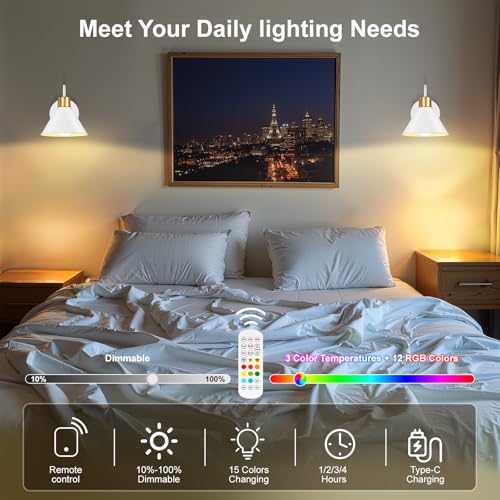 Image of Frideko Rechargeable Battery Operated Wall Sconces Set of Two with Remote, RGB 15 Colors Dimmable White Wall Light, Indoor Battery Powered Wireless Sconce with 4 Timer for Living Room Bedroom