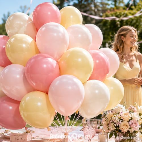 Image of RainbowQ Pink and Yellow Balloons: 67PCS 12 inch Sand White Latex Helium Pastel Balloons Set for Wedding Bridal Shower Birthday Party Decorations