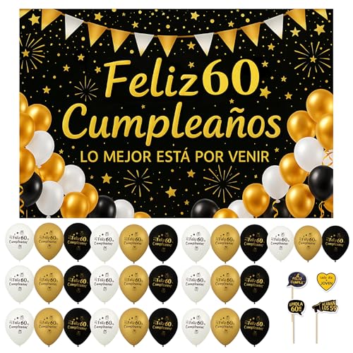 Decoração 60 anos Photocall Banner 110 x 80 cm festa 60 anos mulher homem 30 balões Banner pano fundo fotográfico espanhol Acessórios Divertidos, festa para adultos elegante cartaz celebração