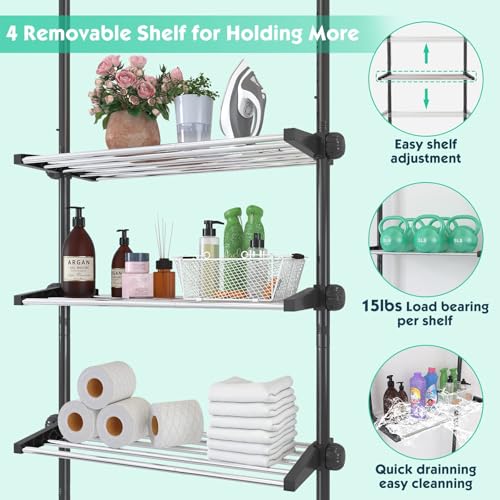 DAKEPOLE Black Over Toilet Shelf with 4-Level Adjustable Shelves, Space-Saving Double Tension Rod, Standing Shelf, Bathroom Shelves Organiser, Clothes Hangers Rods, No Drilling - Image 5