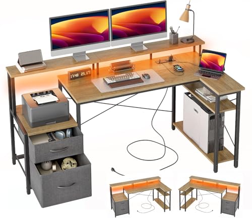 BEXEVUE L-förmiger Schreibtisch mit Steckdosen LED, 150 cm Moderner Eckschreibtisch 2 Schubladen, Umkehrbare Ablagen, Großer Monitorständer, Corner Gaming Tisch, Studium Arbeit Zuhause Schlafzimmer